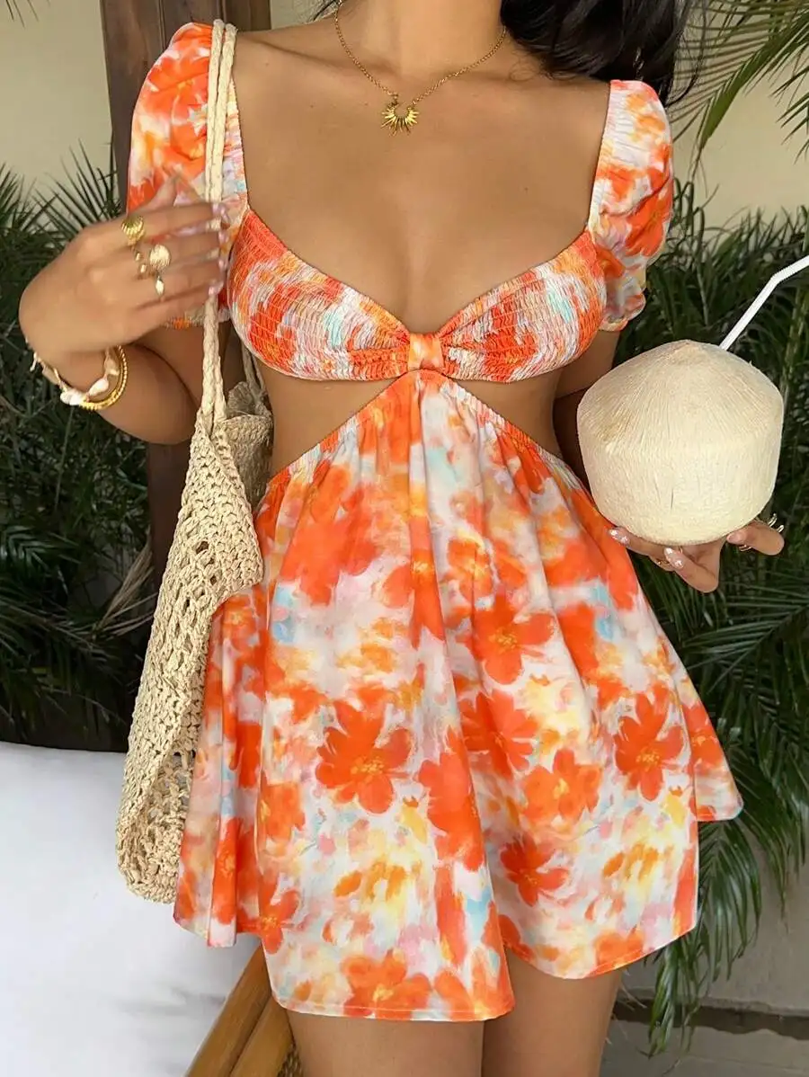 Damen Freizeitkleid für den Urlaub Vielseitiges Stilvolles Blumen-Batik-Print Puffärmel-Minikleid, Frühlings- und Sommer-Partykleid
