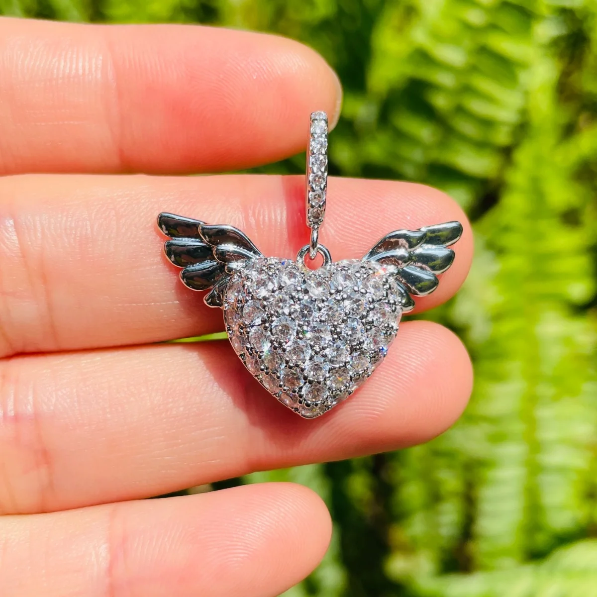 5pcs 3D Zirconia Pave Angel Wing Heart Charm Pendant for Women