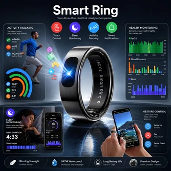 Anello Intelligente R08 per Uomo e Donna con Custodia di Ricarica, Monitoraggio Salute e Sonno, Impermeabile 5ATM, Modalità Multi-Sport, Monitoraggio Frequenza Cardiaca NUOVO