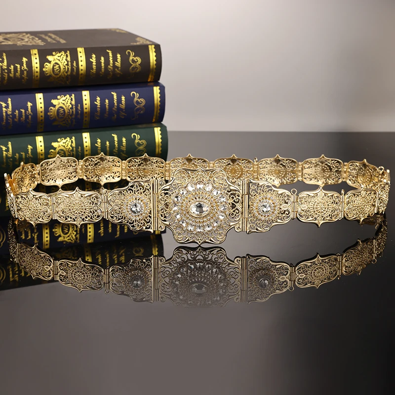 Luxurious Aristocratic Royal Crystal Hollow Flower Metal Belt Vintage  European Women's Wedding Jewelry Waist Chain