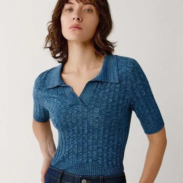 

Cotton Linen Fabric Women Blue Knit Tee T-Shirt Polo Turn-Down Neck Short Sleeves England Style Lady Sheath Crop Tops