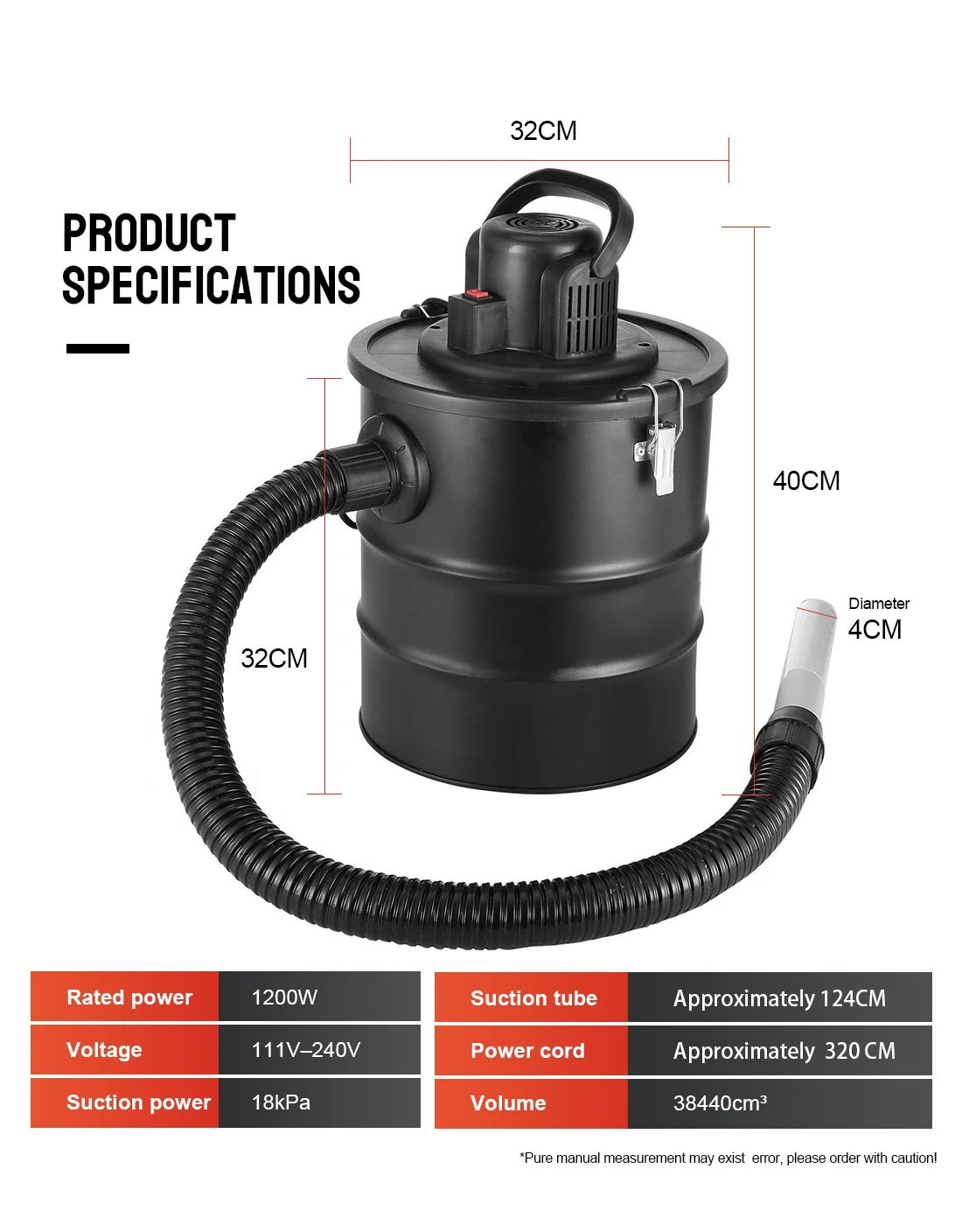 20L Ash Vacuum Cleaner High Temp Resistant Ash Bucket for Fireplace, Stove & Pel