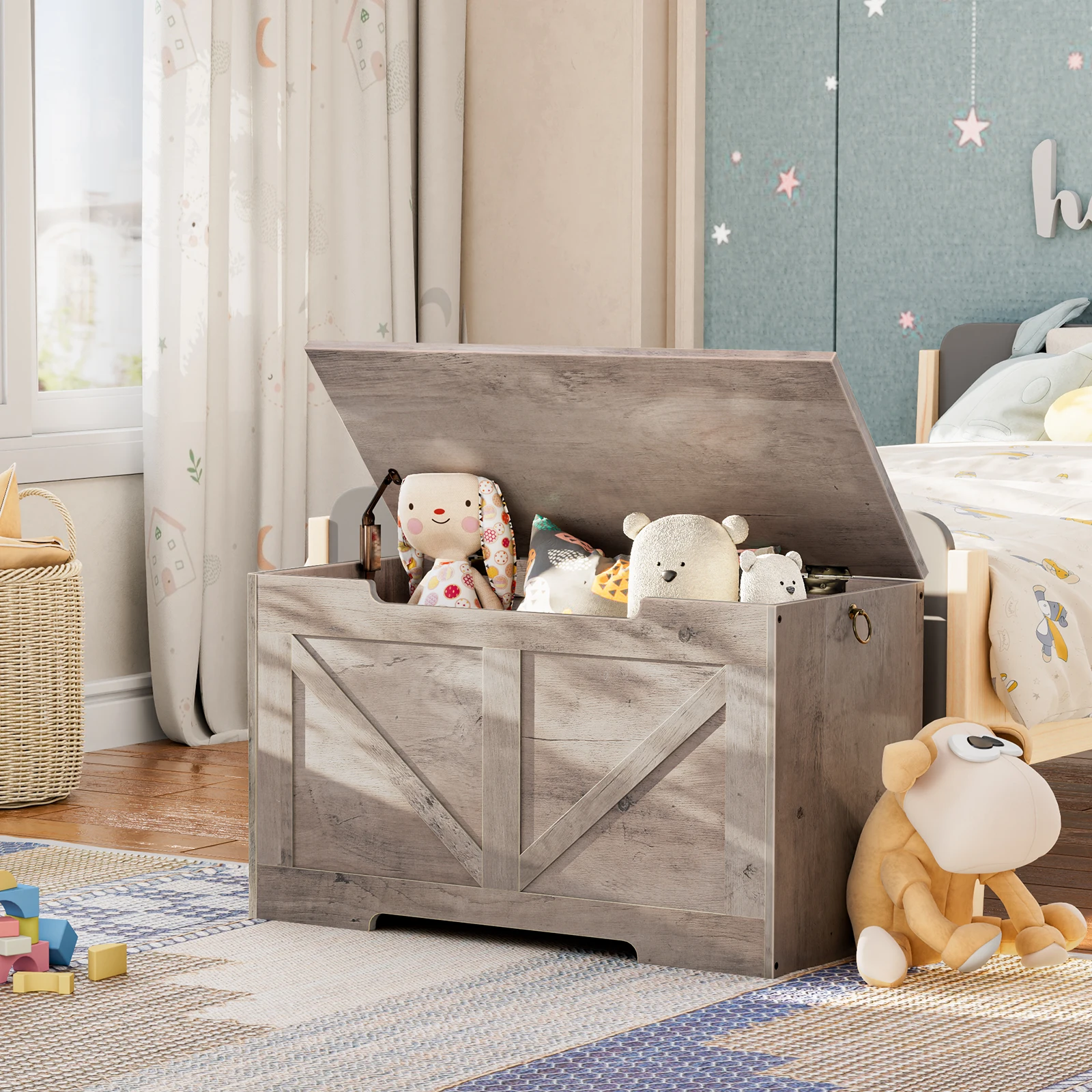 Storage Bench, 29.5&rdquo; Retro Wooden Storage Chest with U-Shaped Cut-Out Pull, Safety Hinge, Easy Assembly for Toy Box Organizer