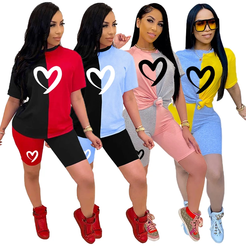 Women's 2 Pieces Set Summer Love Heart Print Patchwork Round Neck T-shirt and Shorts Fashion Slim Streetwear Female Tracksuit devops the real definition of devops men s new patchwork tracksuit hoodie pullover pants casual comfortable two pieces suit