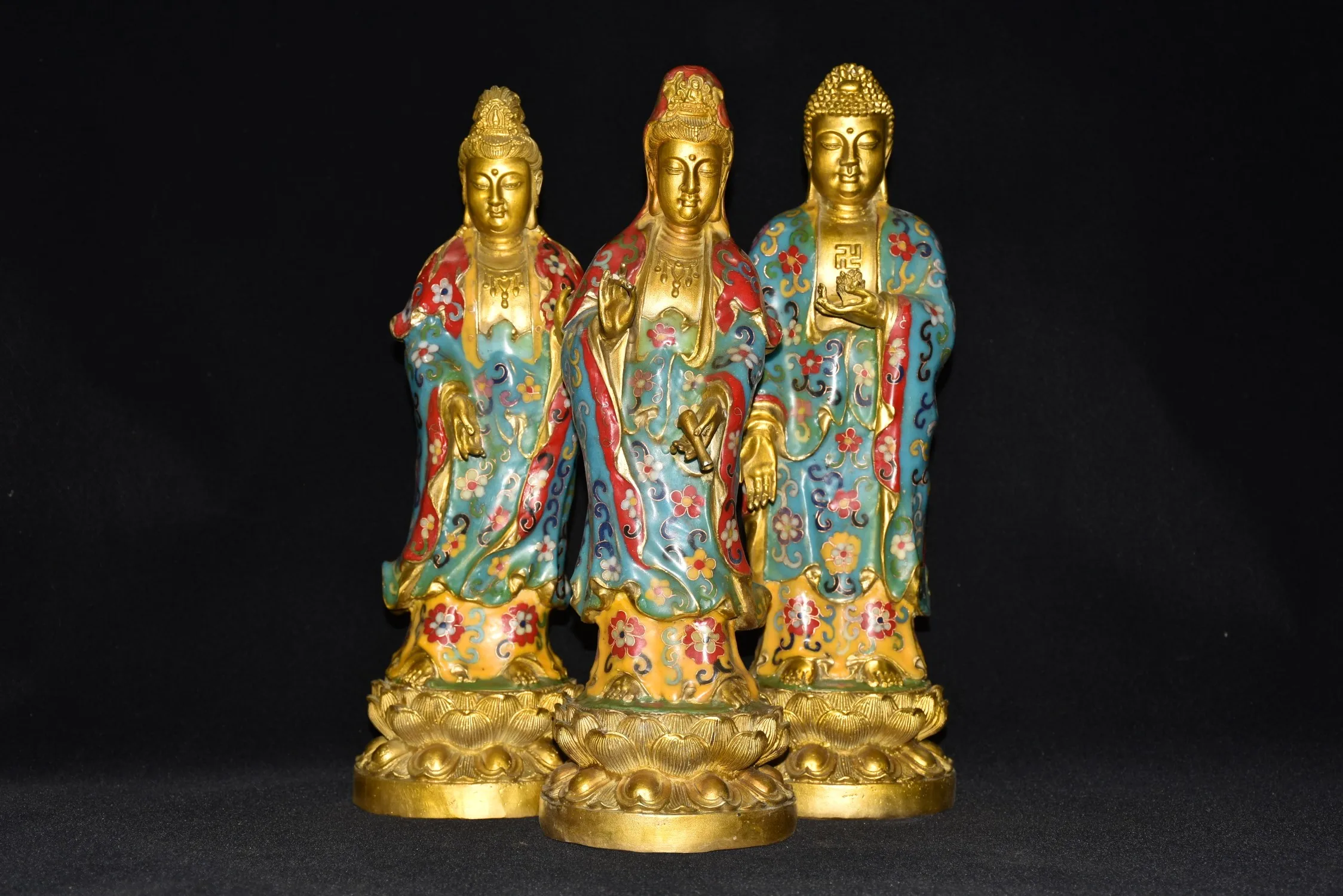 

15"Tibetan Temple Collection Old Bronze Cloisonne Gilt Western Three Saints Guanyin Shakyamuni lotus platform Worship Hall