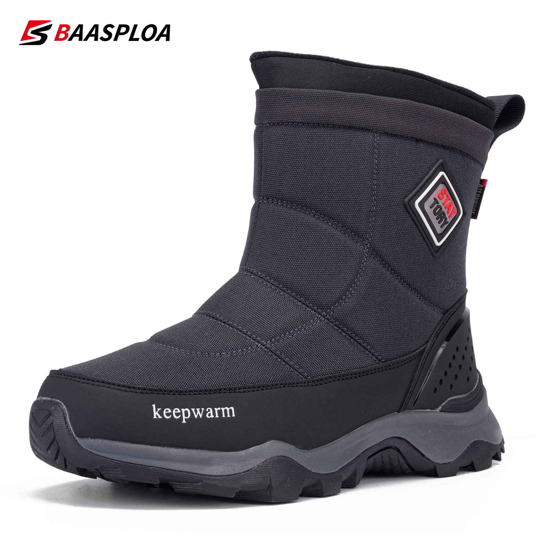 Men's Winter Shoes Plush Boots Platform Waterproof Leather Men Warm Snow Boots Non-Slip Men Walking Hiking Shoes Baasploa