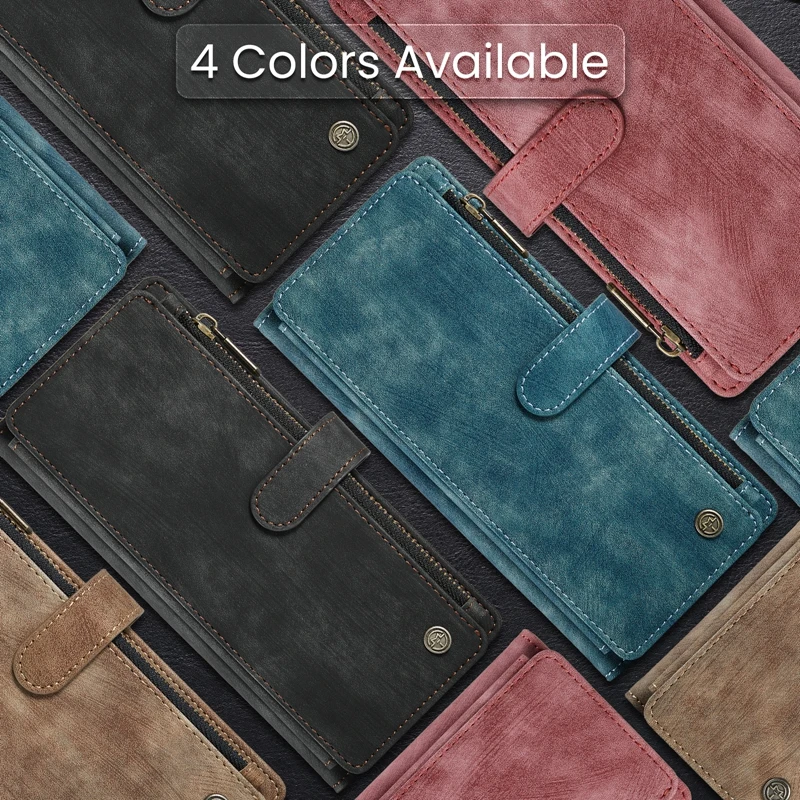 Zipper Leather Wallet Case with Kickstand, Cash & Cards Pocket, and Strap