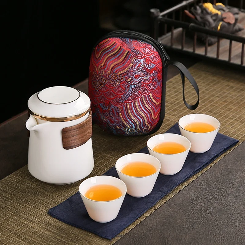 Travel Teaware Set 1 Pot 4 Mug White Porcelain Portable Kung Fu Ceremony Teapot Chinese Outdoor Ceramic Tea Cup with Storage Bag