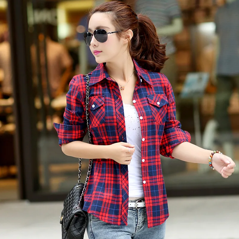 Fashion Ladies Trending Clothes Casual V-neck Cotton T-shirt Long Sleeve  Plaid Shirts Women Loose Blouse Plus Size Tops Chemise Femme