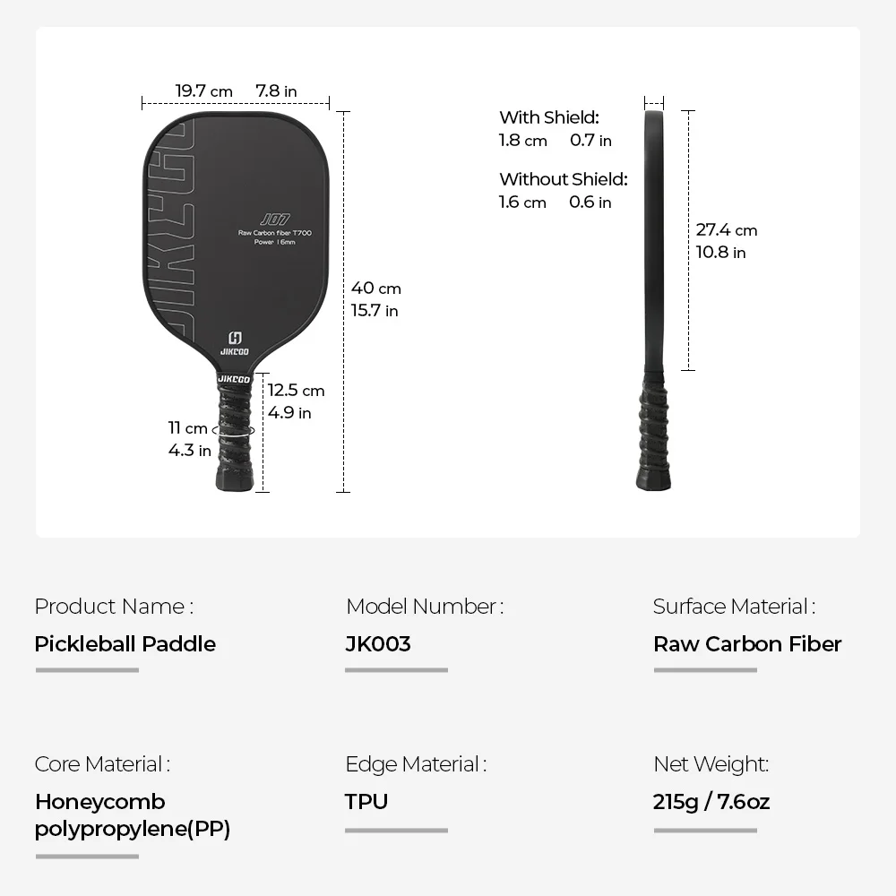JIKEGO JK003 Raw Carbon Fiber Pickleball Paddle CFS Control Ultra Spin Pickle Balls Racket Cover 16 mm 4.9 inch Grip Standard