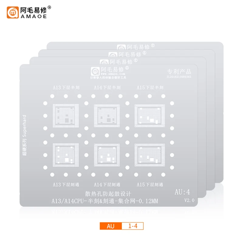 Amaoe Au1-4 Bga Reballing Stencil Template Per Iphone 11/12 Pro Max Mini 6 6S 7 8 Plus X Xs/Xr A14 A13 A12 A11 A10 A9 A8 Cpu Ic