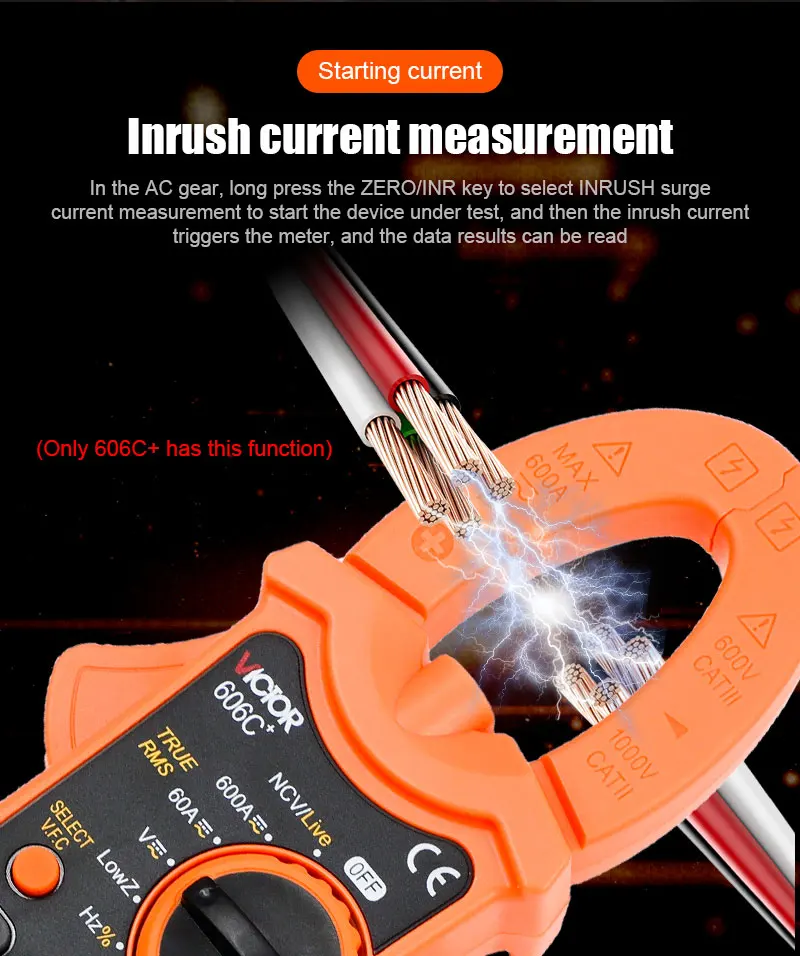 VC606+ Series Low Impedance Clamp Meter 5999 Digit Display 35mm 600A Inrush Curr