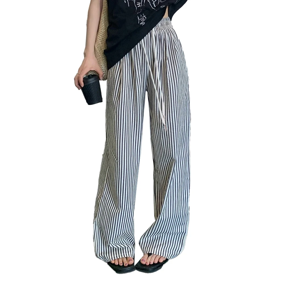 

Vintage Trendy Vertical Stripe Wide Leg Pants Women Summer Elastic High Waist Drawstring Pocket Loose Straight Trousers