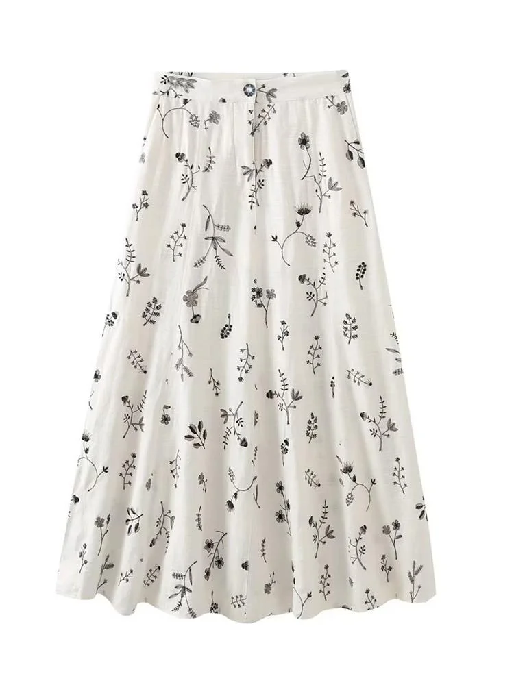 

ZXQJ 2023 Women Fashion Linen Blend Embroidered Skirt Vintage High Waist Single Button Female Skirts Mujer