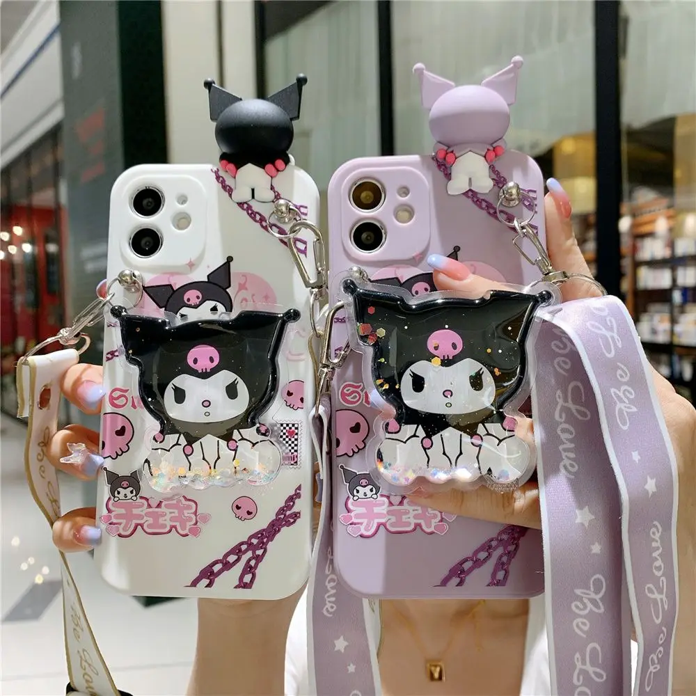 

Sanrios Kuromi Cute Doll Phone Case with Holder Lanyard for Iphone 14 13 12 11 Pro Max X Xs Xr 6 7 8P Se20 Soft Protective Cover