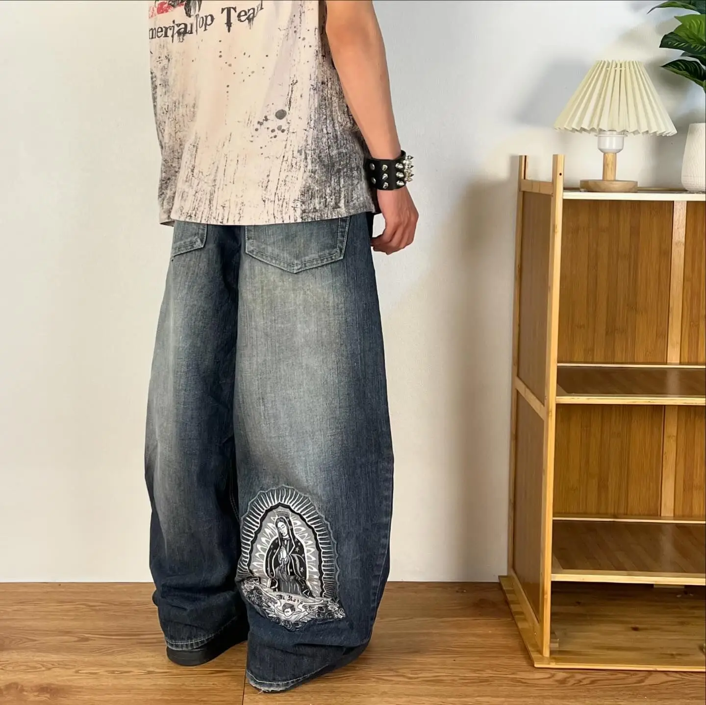 

VICTORIOUS Baggy Jeans Retro Hip Hop Goddess Pattern Embroidery Denim Pants Washed Men Jeans Y2K High Waist Wide Leg Trousers