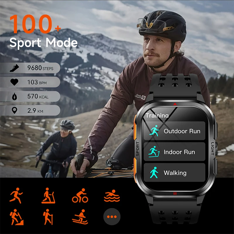 Military Smart Watch Men 2.01"HD 240*296 Screen 3ATM Waterproof Flashlight 400mAh Battery Heart Rate Sport BT Call Smartwatch