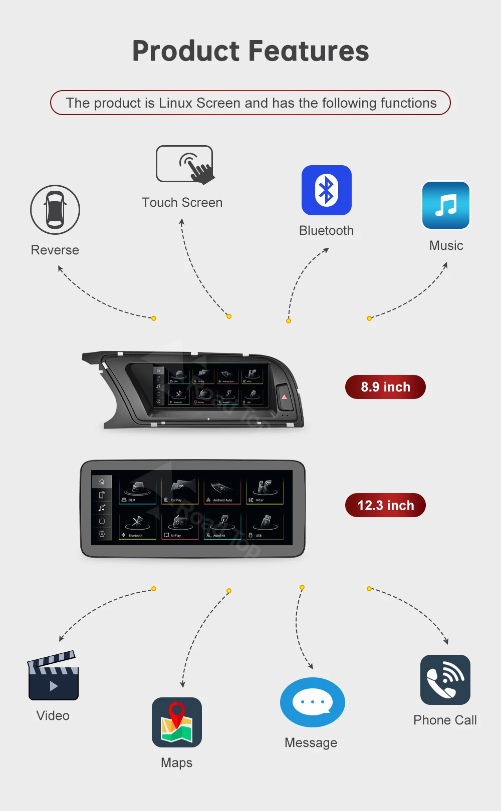 RoadTop 3G MMI Wireless CarPlay Multimedia Ultra-dünner Bildschirm Android Auto Airplay Autolink Linux Bildschirm für Audi A4 2013-2015 – Detail 6