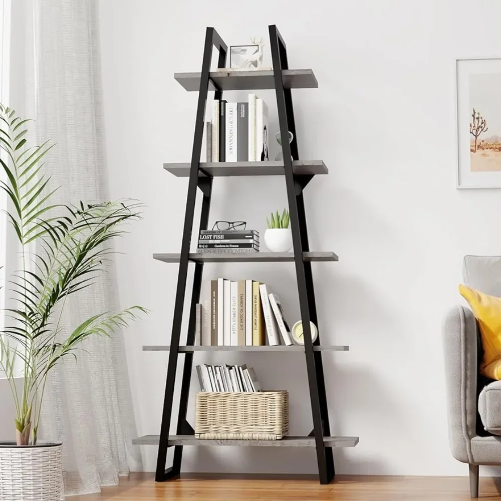 

Bookshelf 5 Tier Industrial Wood Book Shelf Bookcase for Books Light Grey Oak Storage Furniture Shelves Living Room Home