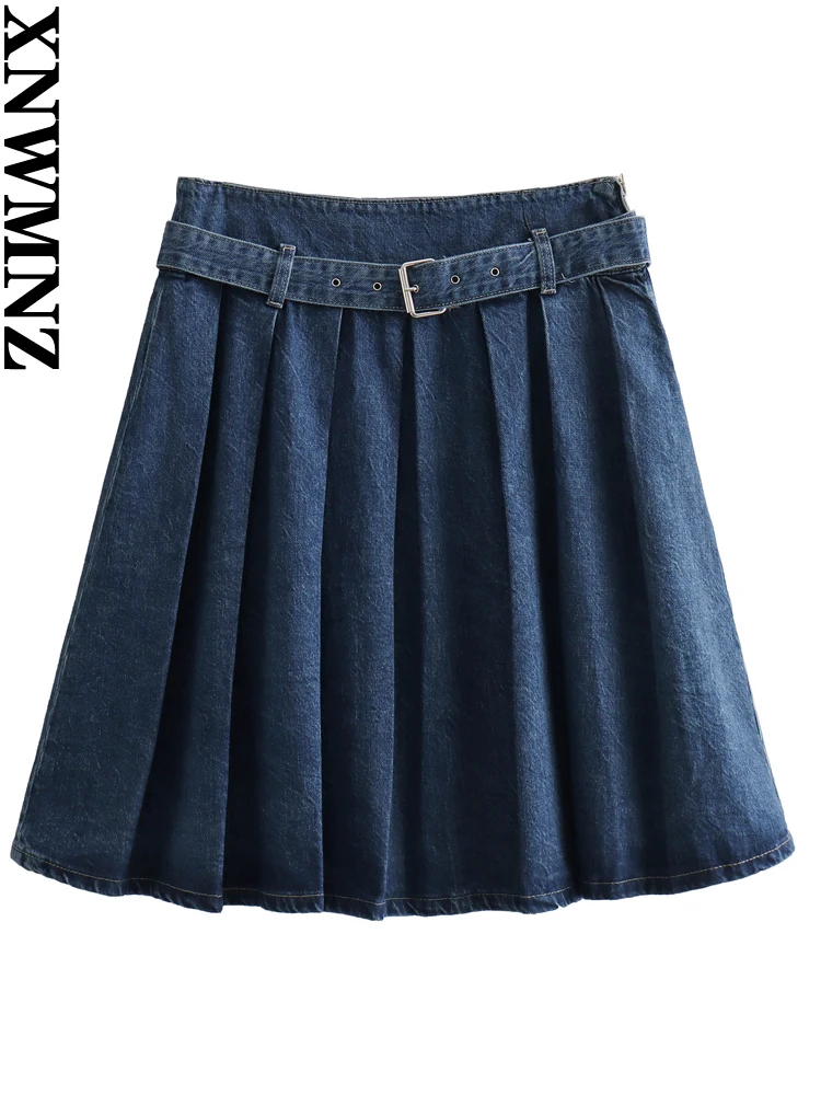 

XNWMNZ Женская мода 2023 джинсовая коробка плиссированная юбка женская Винтажная с высокой талией пояс боковая юбка средней длины
