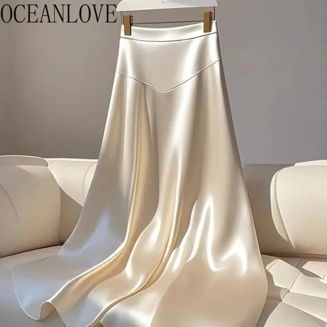 OCEANLOVE White Satin Skirts Women A-line French Style Elegant Vintage Solid Jupe Femme Fashion  Simple Long Skirt 1