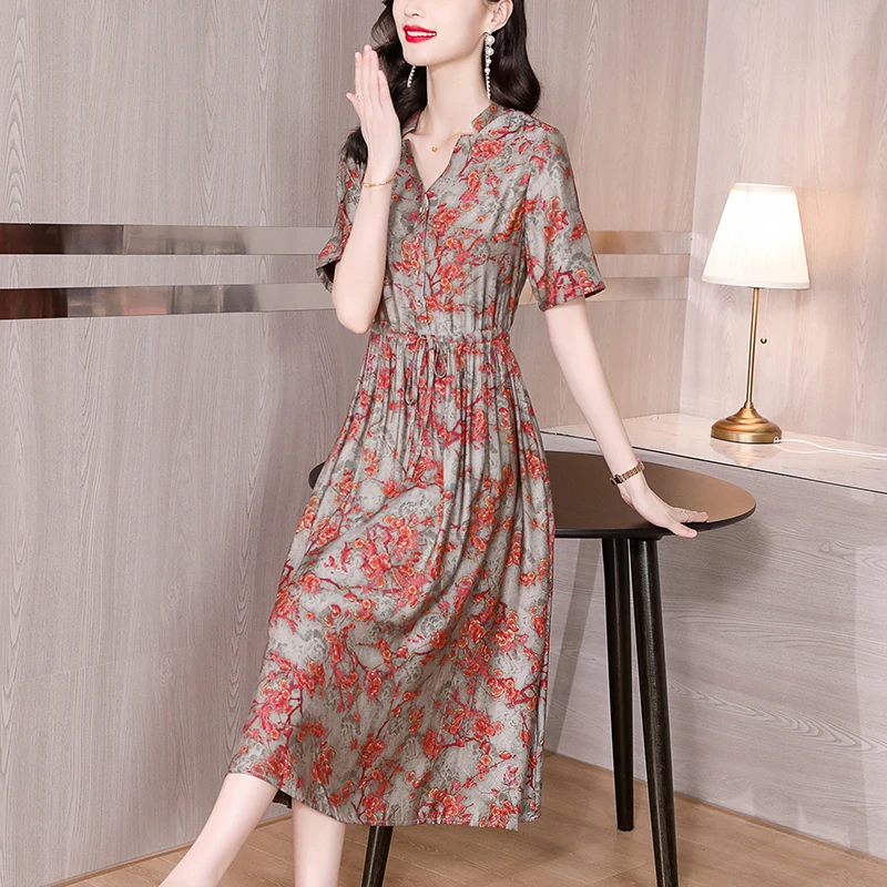 High Quality 2024 Floral Natural Silk Midi Dress Summer Fashion