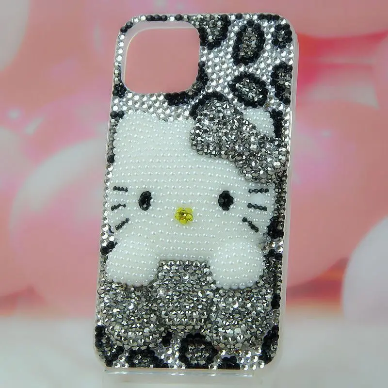 

Handmade Sanrio for iPhone 11 12 13 14 15 Pro Max 7 8 plus Phone Case Rhinestone Leopard Print Hello Kitty Jewelled