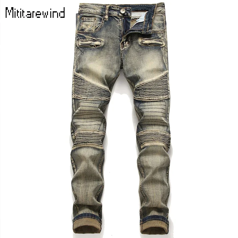 Four Seasons High Street Retro Distressed Tapered Jeans Men Patchwork Ripped Jeans Cotton Straight Pencil Y2k Streetwear