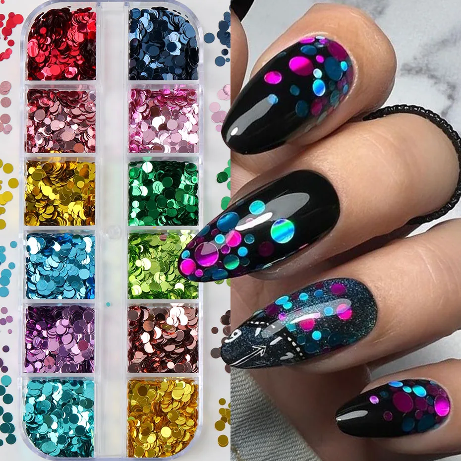 Colorful Polka Dots Nail Glitter Flakes - Shiny Metallic Circle Nail Sequins 12 Grids Set