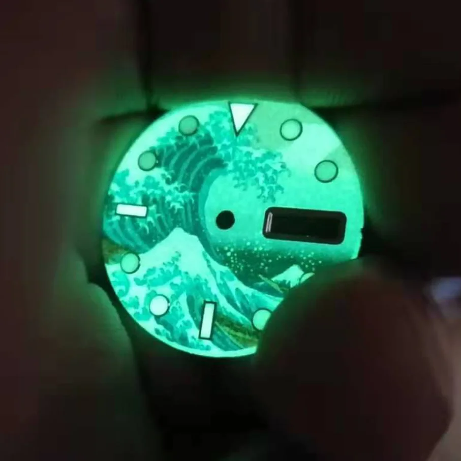 28.5mm Dial Kanagawa Dial For NH36a Automatic Movement Diving Conversion Watch Dual Date Full Luminous Round Studs
