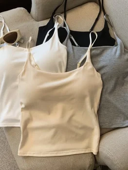 New Women's Slim Fit Tank Top Pure Color Summer Outerwear with Chest Pad Bal Base irt Sli Versatile Casual Wear 1