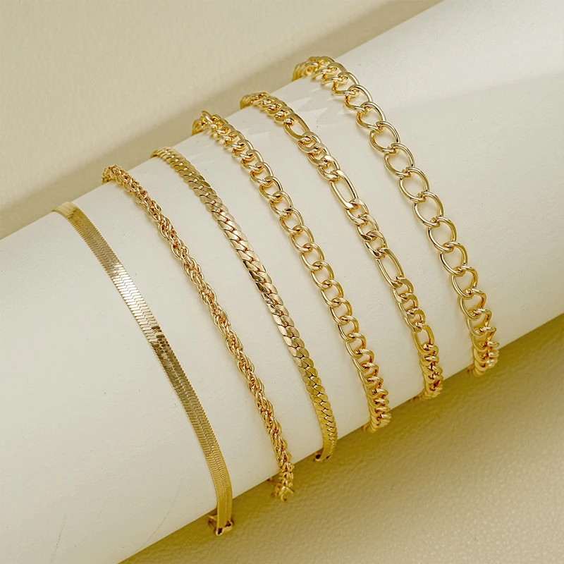 6Pcs/Set Gold Color Twist Chain Bracelets Set for Women Vintage Punk Metal Adjustable Cuban Link Bracelet Fashion Jewelry Gift