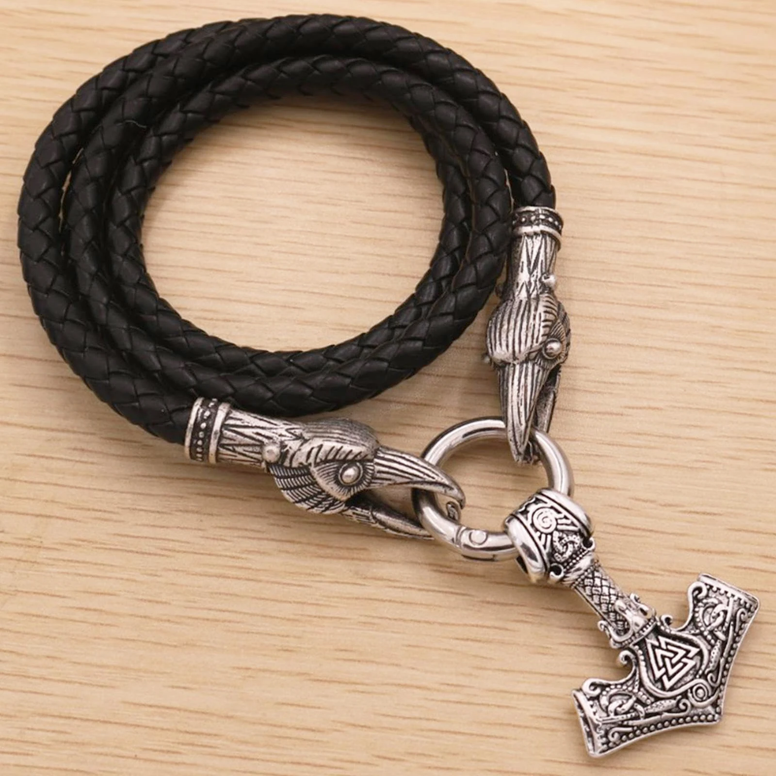 Men's Thor's Hammer Pendant Necklace Viking Double Crow Head Script Personalized Jewelry