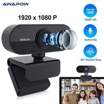 Awapow 웹캠 풀 HD 웹캠, PC 컴퓨터 유튜브 화상 통화 회의 USB 4K 카메라, 마이크 회전 카메라 포함, 1080P