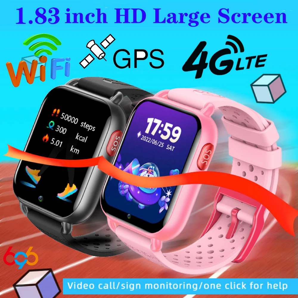 어린이 4G 스마트 워치 온도 SOS GPS 위치 화상 통화, 와이파이 심 카드, 어린이 1.83 인치 HD 스마트워치 카메라,  방수