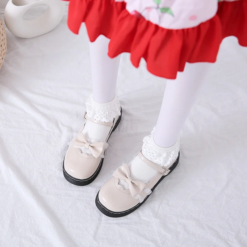 Lace Bow Lolita Shoes(women's 2023 Spring British Students Flat Bottoms Versatile College Style Cosplay Shoes