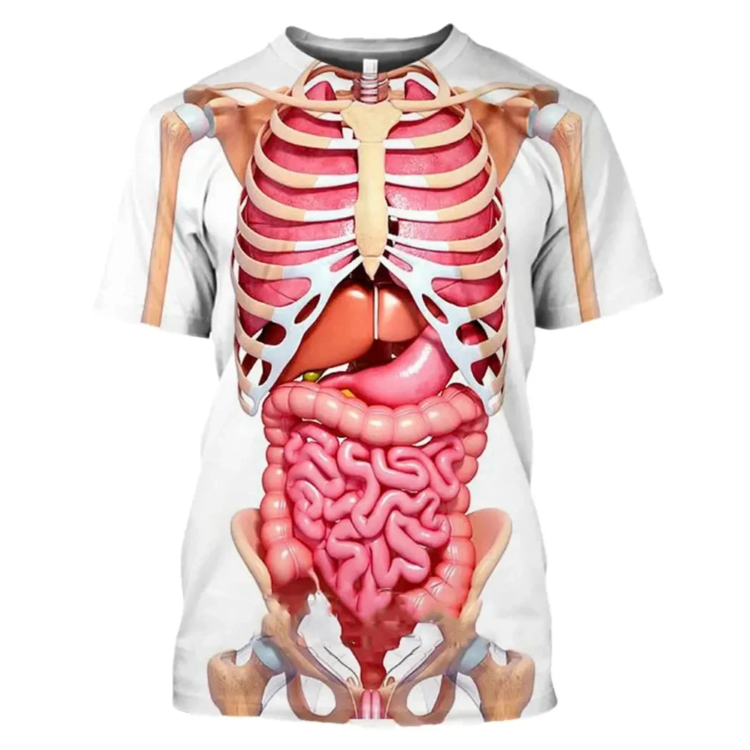3D 인쇄 남성 해골 내부 장기 그래픽 T 셔츠 남성용 인간 구조 다이어그램 반팔 재미 있은 T-셔츠 탑 티