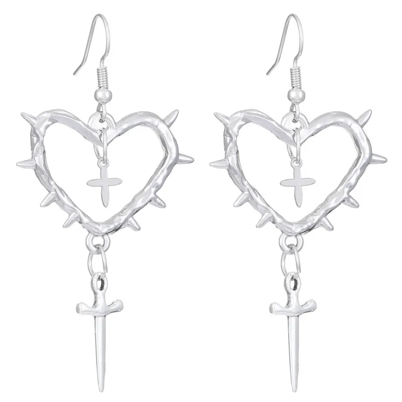 Silver Color Cross Heart Pendant Hoop Earrings for Women Vintage Gothic Dangle Earring Jewelry Gifts