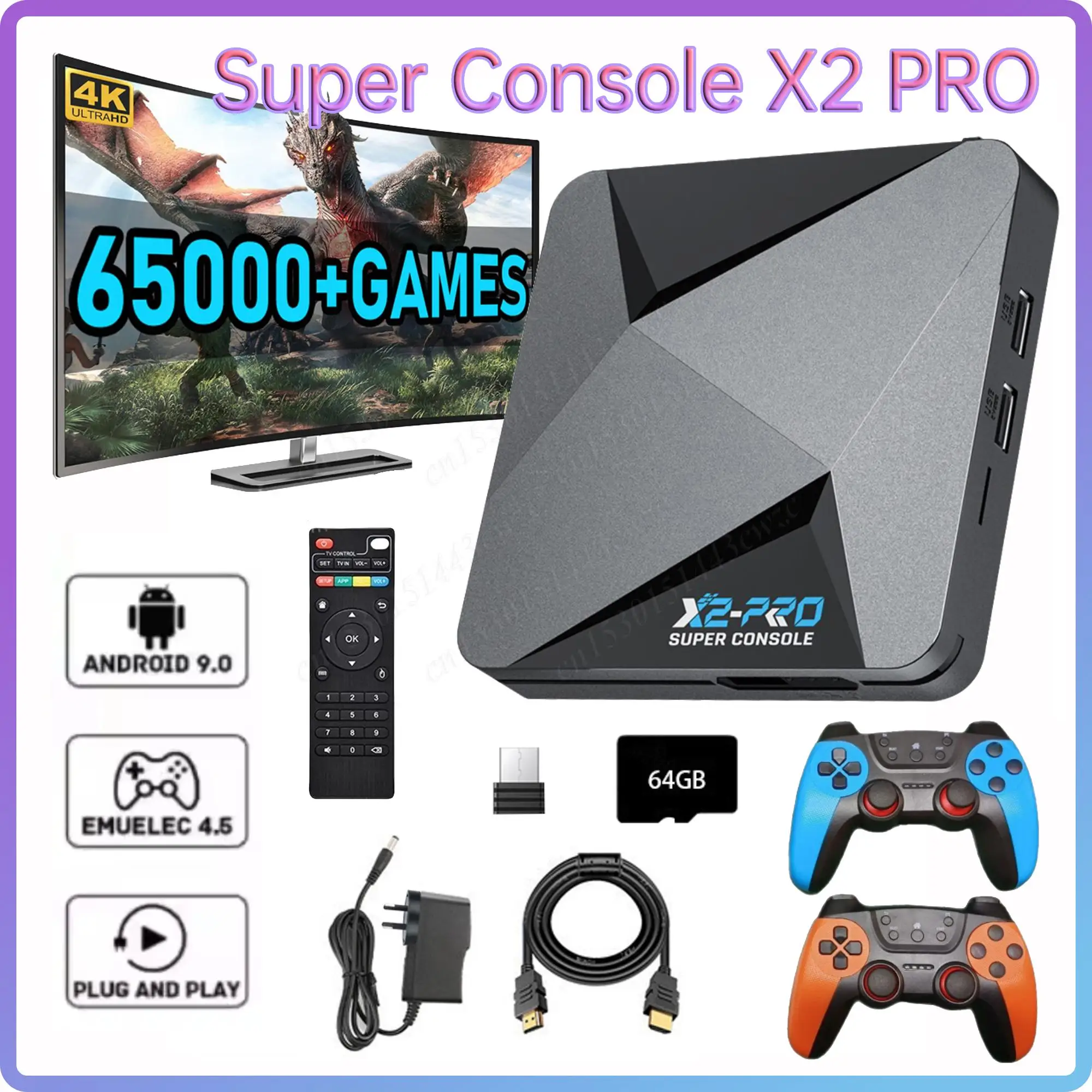 슈퍼 콘솔 X2 프로 레트로 비디오 게임 박스 4K UHD 출력 내장 65000+ 게임 플레이어 (세가 새턴/SS/마메/DC용 게임패드  2개 포함)