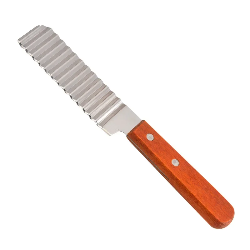 French fries slicing knife with wooden handle, corrugated stainless steel fries cutting knife, potato slicing, corrugated cutter