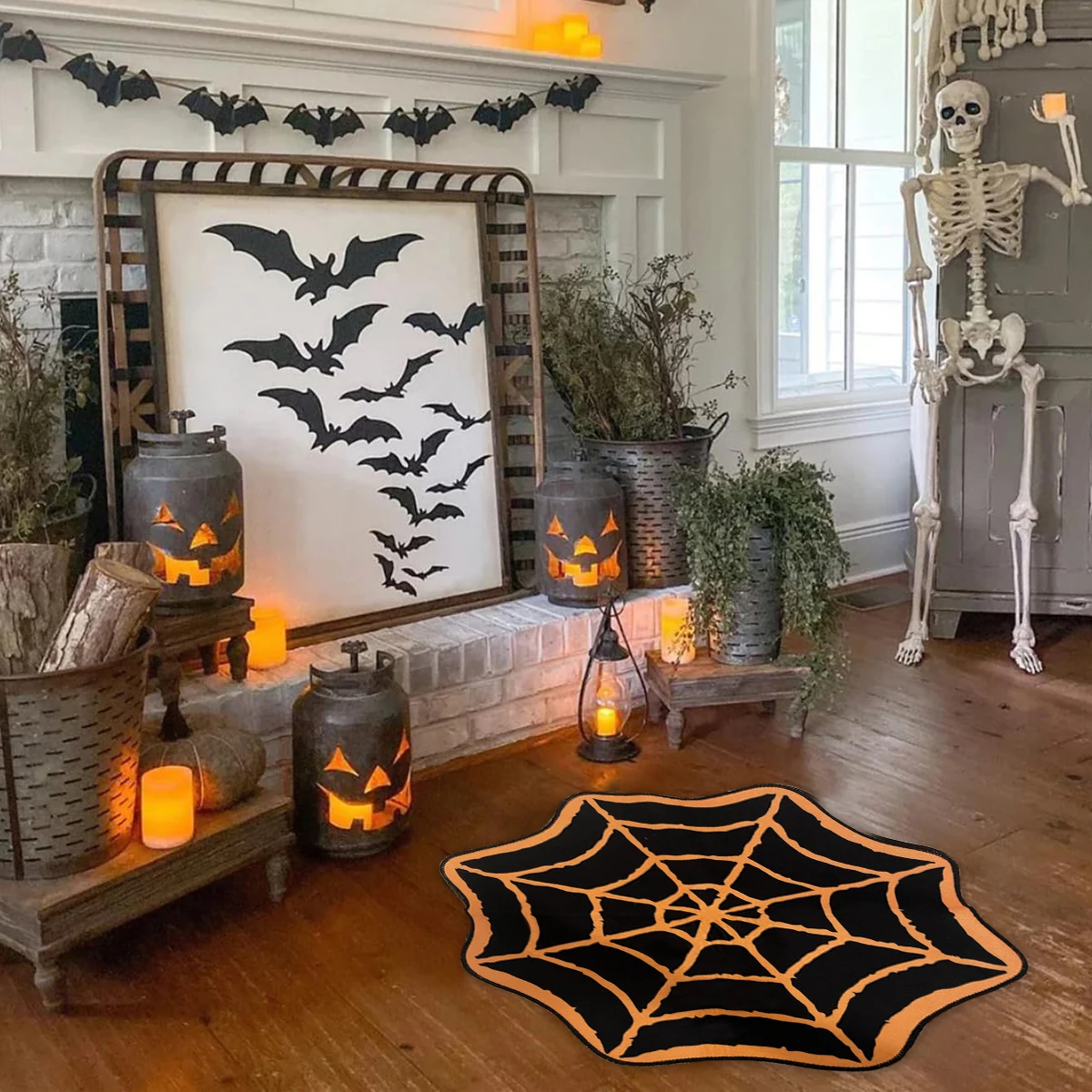 1PC Washable Spooky Gothic Rug Non-Slip Spiderweb Aisle Runner Spider Web Rug Orange Black Halloween Party Mat for Home Decor