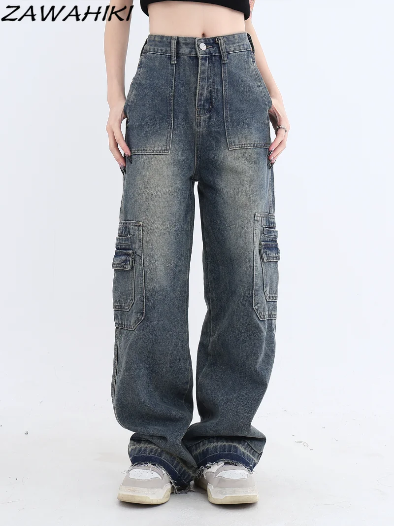 

American Retro High Waist Solid Color Jeans Women Washed Design Chic Loose High Street Multiple Pockets Casual Denim Cargo Pants