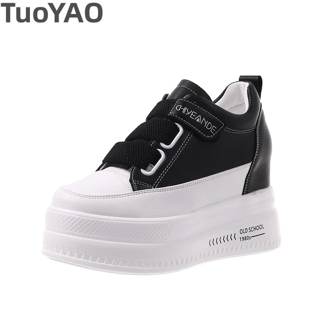 Women Platform Casual Shoes Black Breathable Leather Hidden Heel