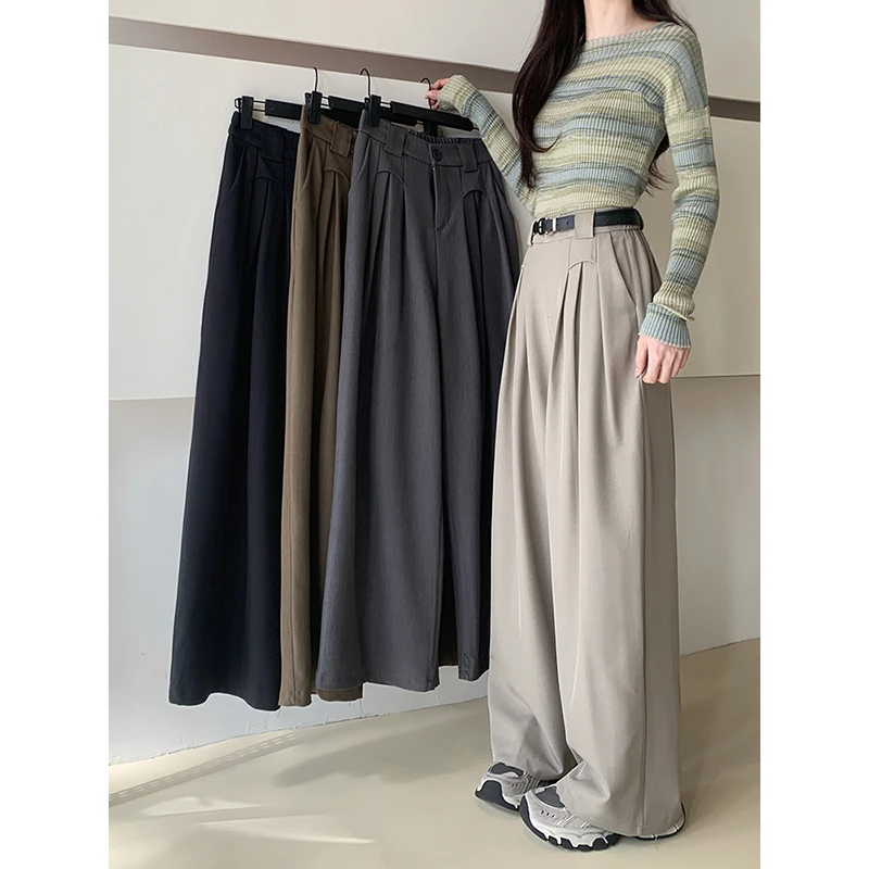 2024 Loose Personalized Elastic Waist Suit Pants Casual Pants Women's Wide Leg Pants High Waist Drape Floor-Mopping Pa