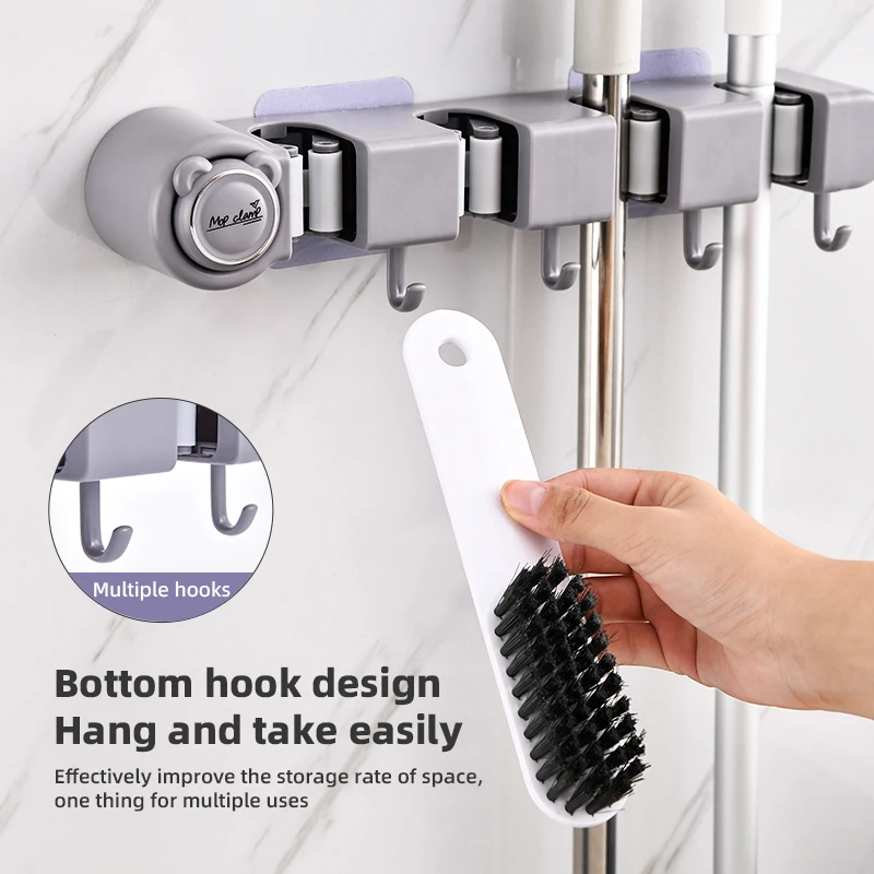 Broom Mop Holder, Wall Mounted Self-Adhesive Broom And Mop Organizer With Hooks For Bathroom Kitchen Closet Storage: 3 - 5 Days Free Delivery Only UK