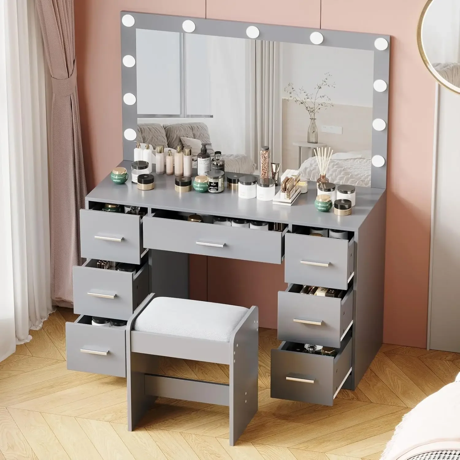 2024 NEW Vanity Desk with Stool, Makeup Table with Lighted Mirror, 3 Color Lighting Modes, Brightness Adjustable, Dressing Table 5