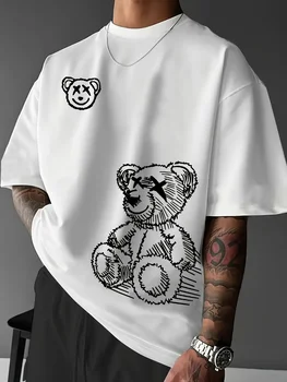 Summer men's 100% pure cotton casual sports loose and fashionable cartoon bear pattern printed round neck short sleeved T-shirt 2