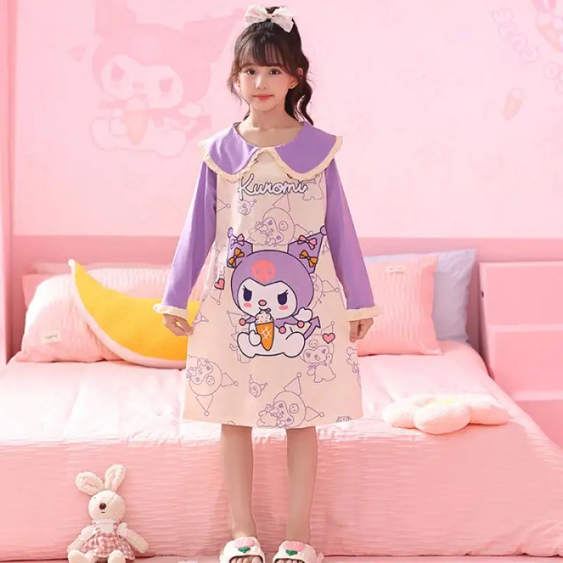

New Sanrio Nightgown Girls' Cartoon Kuromi Cinnamoroll Autumn Long Sleeve Parent-child Cute Princess Style Girls' Nightgown 2023