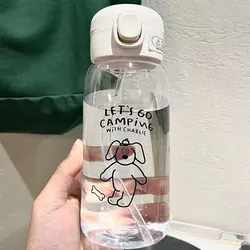 Large Capacity Portable Plastic Water Bottle with Straw - Cartoon Design, Drop Resistant - 0.6L (Transparent color)
