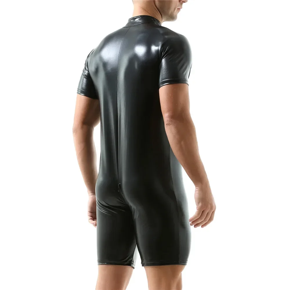 Man PU Leather Zipper Bodysuit Black Short Sleeve Open Crotch Zipper Jumpsuit Men Faux Leather Clubwear Catsuit Lingerie Leotard